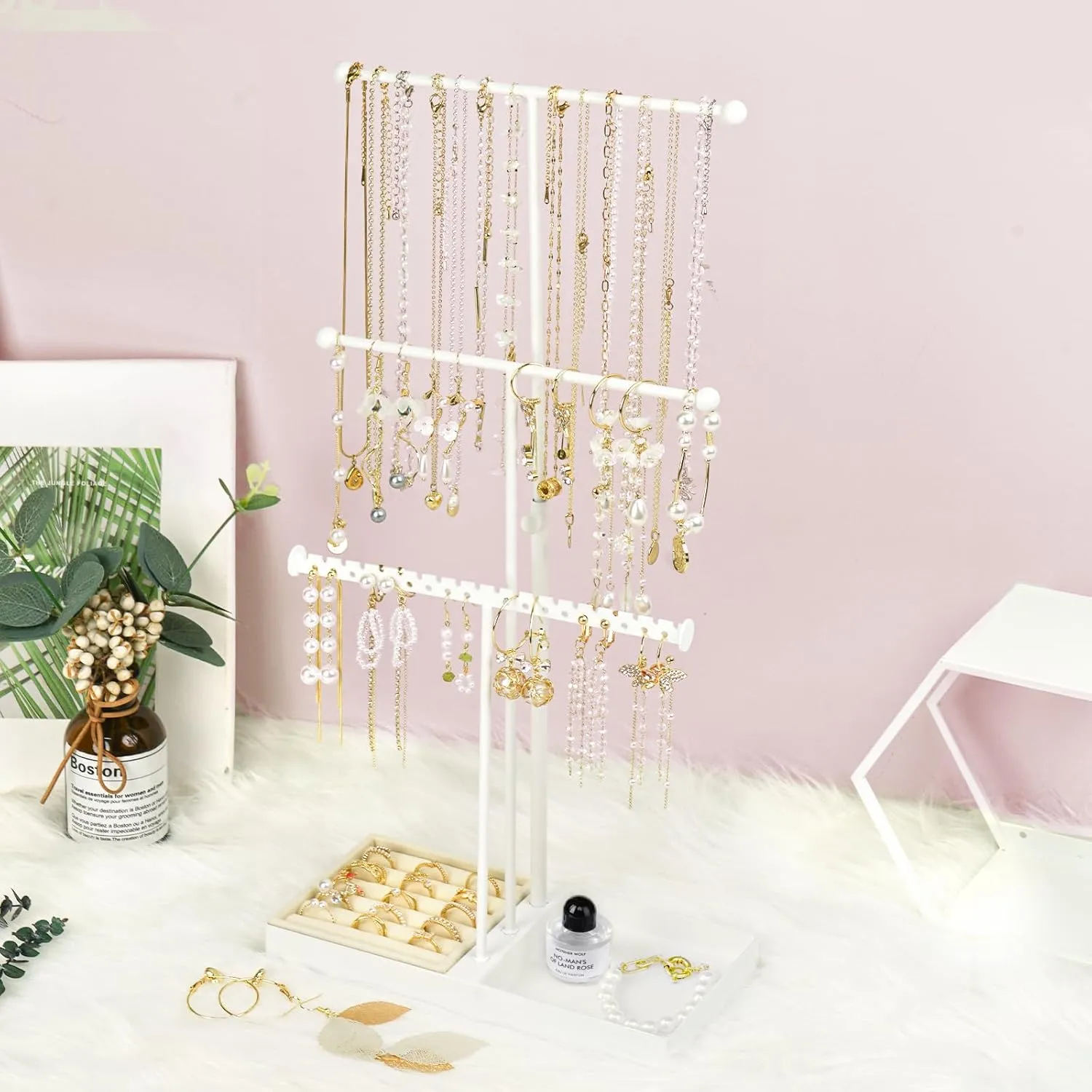 Jewelry Stand Necklace Holder, 3 Tier Necklace Organizer With Velvet Earrings Rings Tray, Adjustable Height Jewelry Organizer, Necklaces Hanging Storage Tree Display For Bracelets Bangles Watches