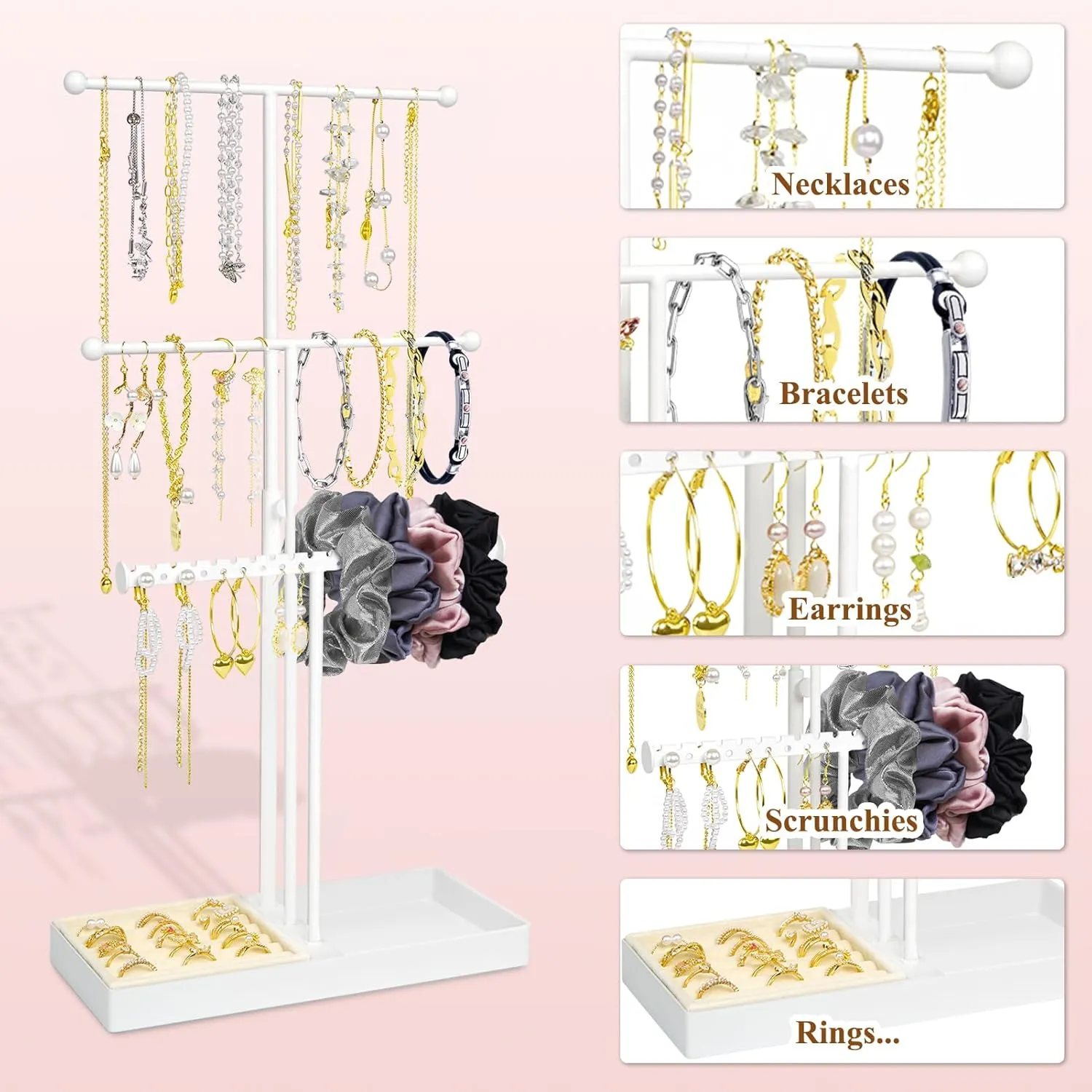 Jewelry Stand Necklace Holder, 3 Tier Necklace Organizer With Velvet Earrings Rings Tray, Adjustable Height Jewelry Organizer, Necklaces Hanging Storage Tree Display For Bracelets Bangles Watches