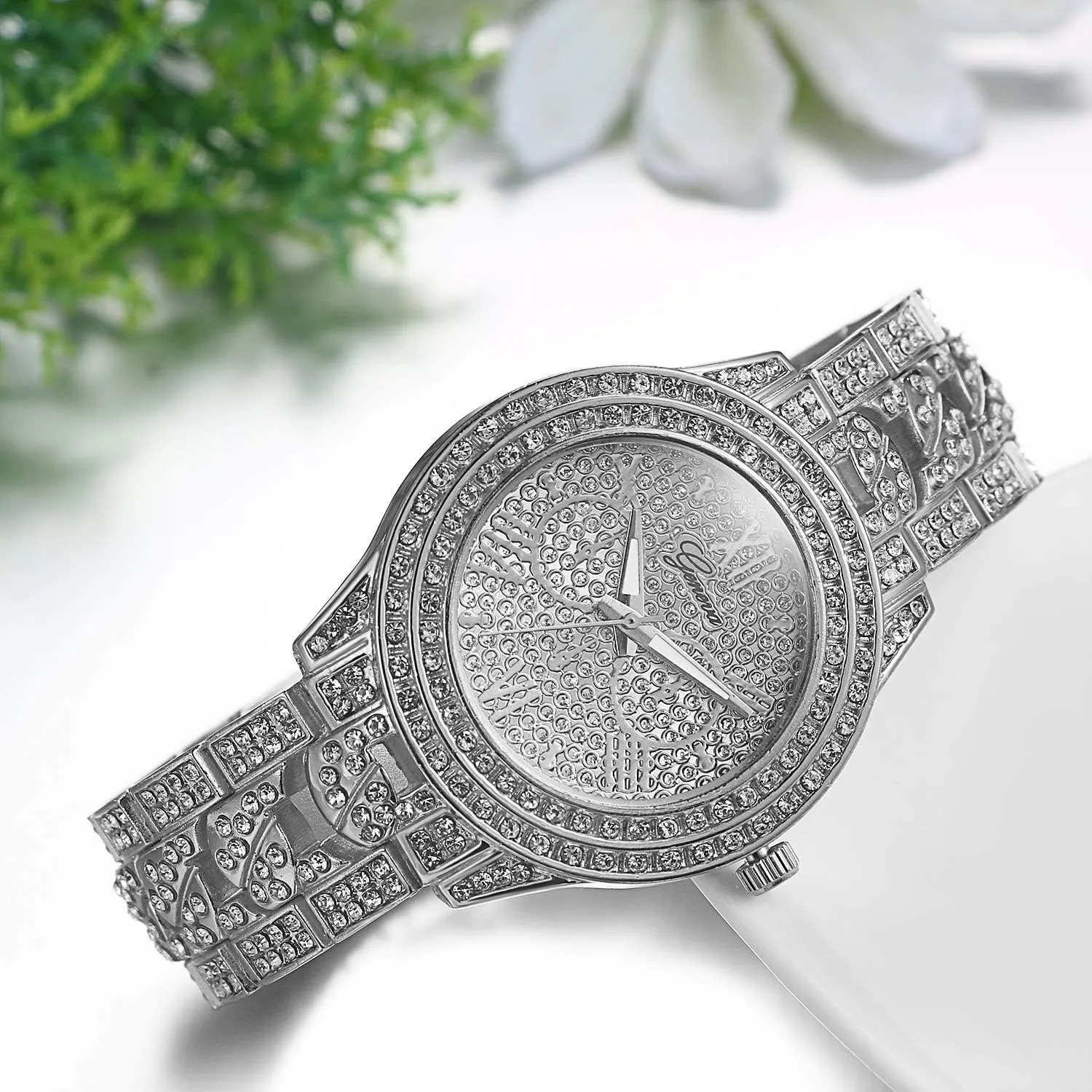JewelryWe Men Watches Gold Tone Alloy Quartz Watch Stylish Rhinestone Business Casual Dress Wristwatches