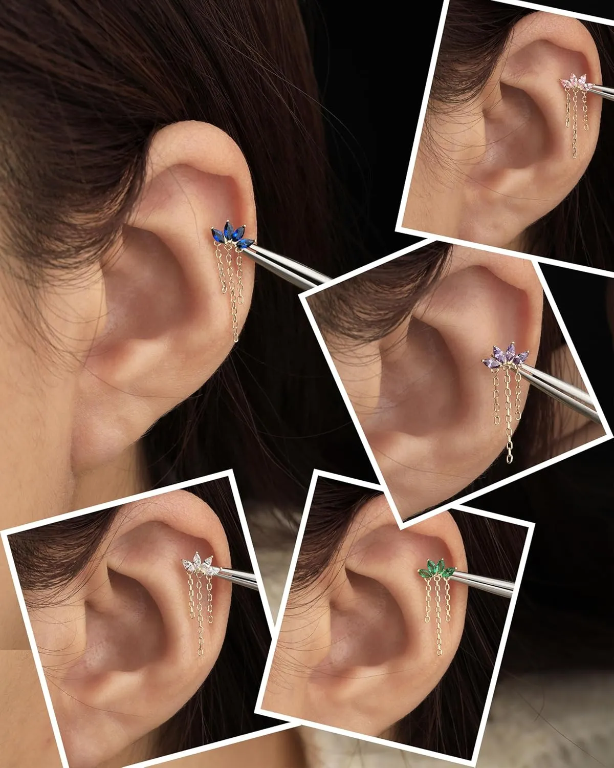 Jewseen 14K Gold Flat Back Earrings Top Push in Threadless Cartilage Stud Chain Flat Back Stud Helix Tragus Conch Piercing Jewelry for Women