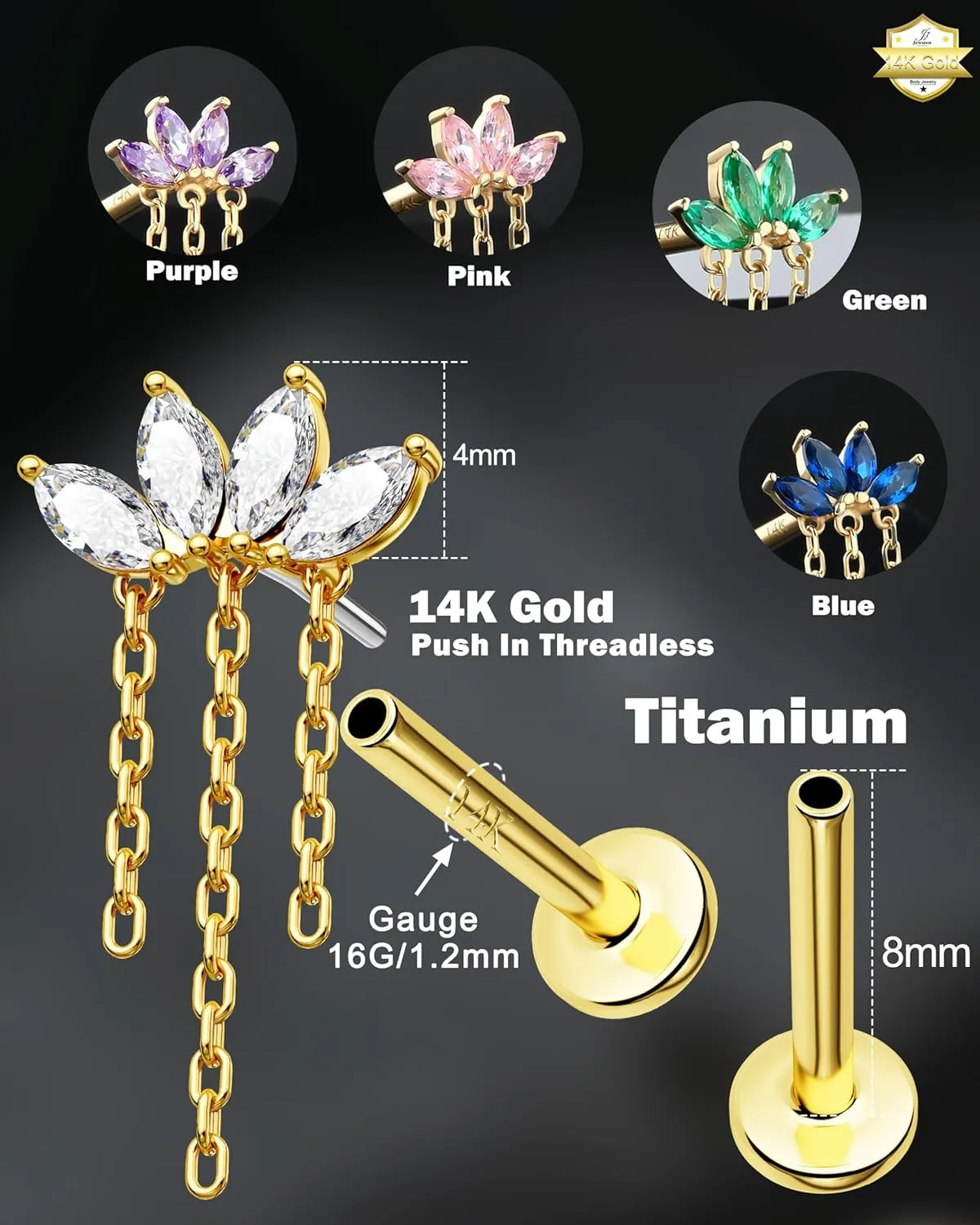Jewseen 14K Gold Flat Back Earrings Top Push in Threadless Cartilage Stud Chain Flat Back Stud Helix Tragus Conch Piercing Jewelry for Women