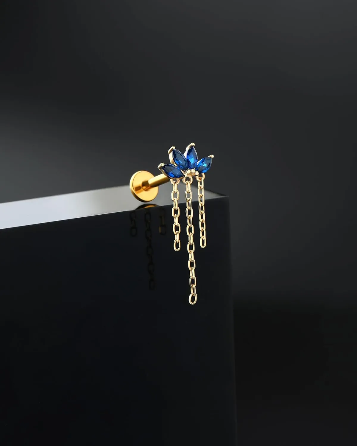 Jewseen 14K Gold Flat Back Earrings Top Push in Threadless Cartilage Stud Chain Flat Back Stud Helix Tragus Conch Piercing Jewelry for Women