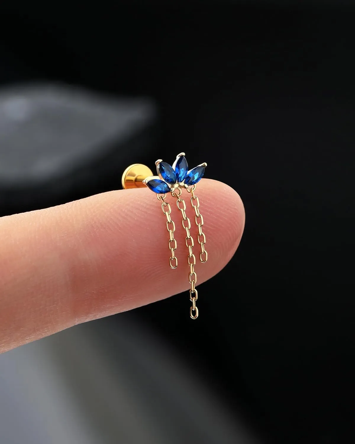 Jewseen 14K Gold Flat Back Earrings Top Push in Threadless Cartilage Stud Chain Flat Back Stud Helix Tragus Conch Piercing Jewelry for Women