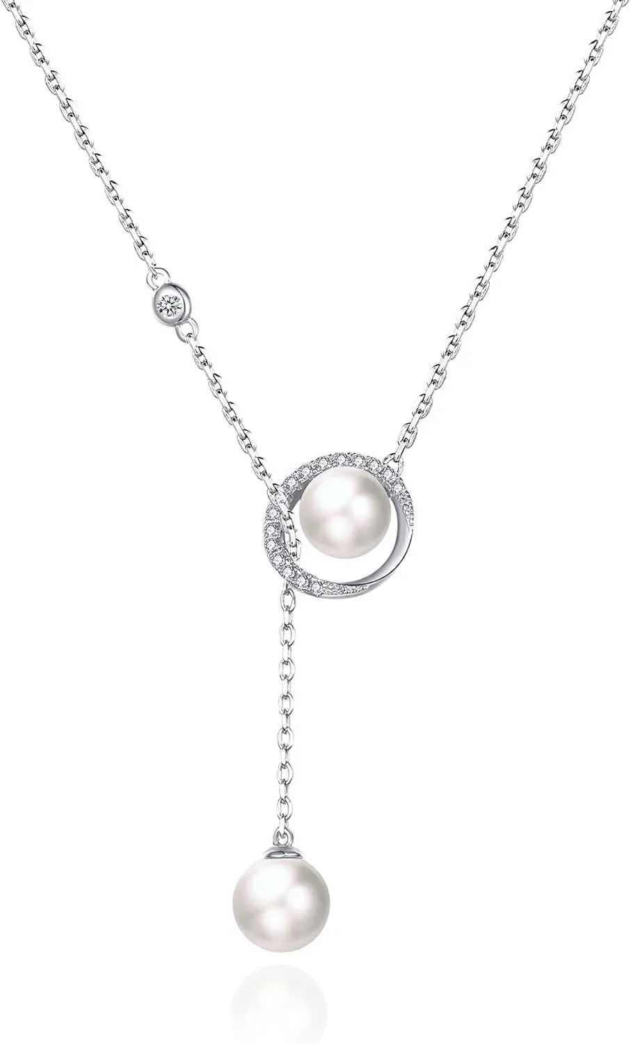 jiamiaoi Pearl Necklace for Women 925 Sterling Silver Culture Pearl Necklace Silver Pearl Chain 48cm, Dainty Pearl and Cubic Zirconia Necklace Adjustable, Come with Gift Box