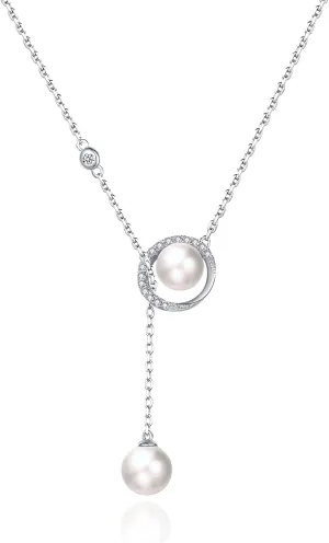 jiamiaoi Pearl Necklace for Women 925 Sterling Silver Culture Pearl Necklace Silver Pearl Chain 48cm, Dainty Pearl and Cubic Zirconia Necklace Adjustable, Come with Gift Box