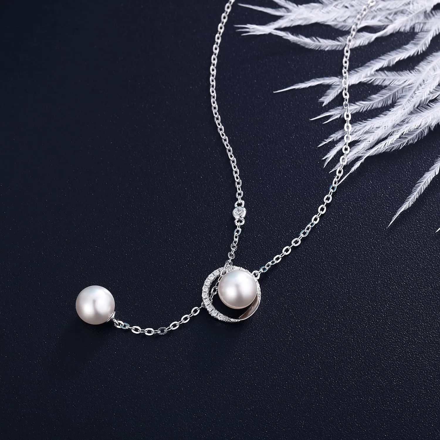 jiamiaoi Pearl Necklace for Women 925 Sterling Silver Culture Pearl Necklace Silver Pearl Chain 48cm, Dainty Pearl and Cubic Zirconia Necklace Adjustable, Come with Gift Box