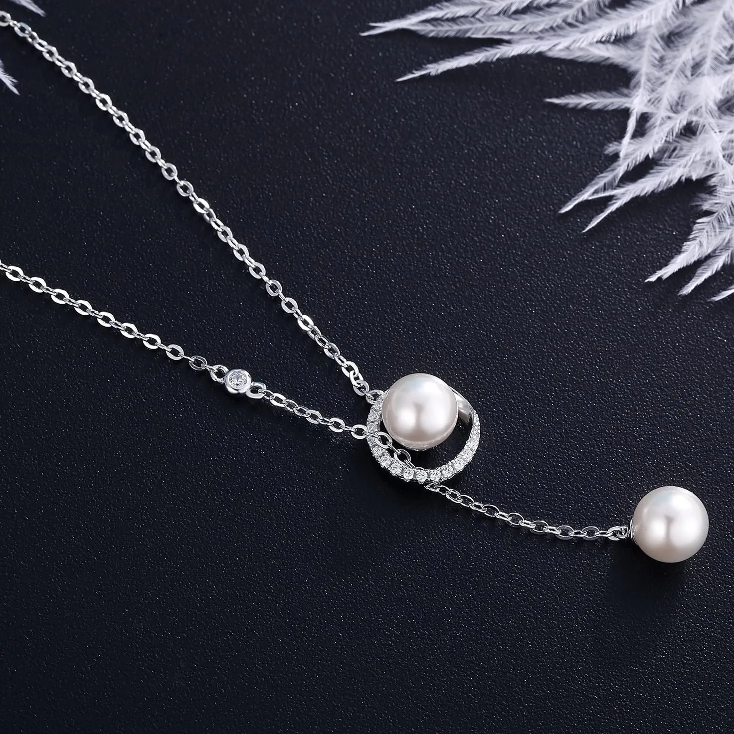 jiamiaoi Pearl Necklace for Women 925 Sterling Silver Culture Pearl Necklace Silver Pearl Chain 48cm, Dainty Pearl and Cubic Zirconia Necklace Adjustable, Come with Gift Box