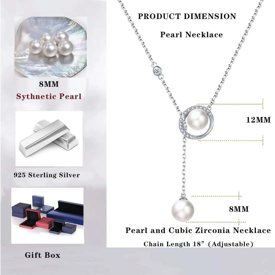 jiamiaoi Pearl Necklace for Women 925 Sterling Silver Culture Pearl Necklace Silver Pearl Chain 48cm, Dainty Pearl and Cubic Zirconia Necklace Adjustable, Come with Gift Box