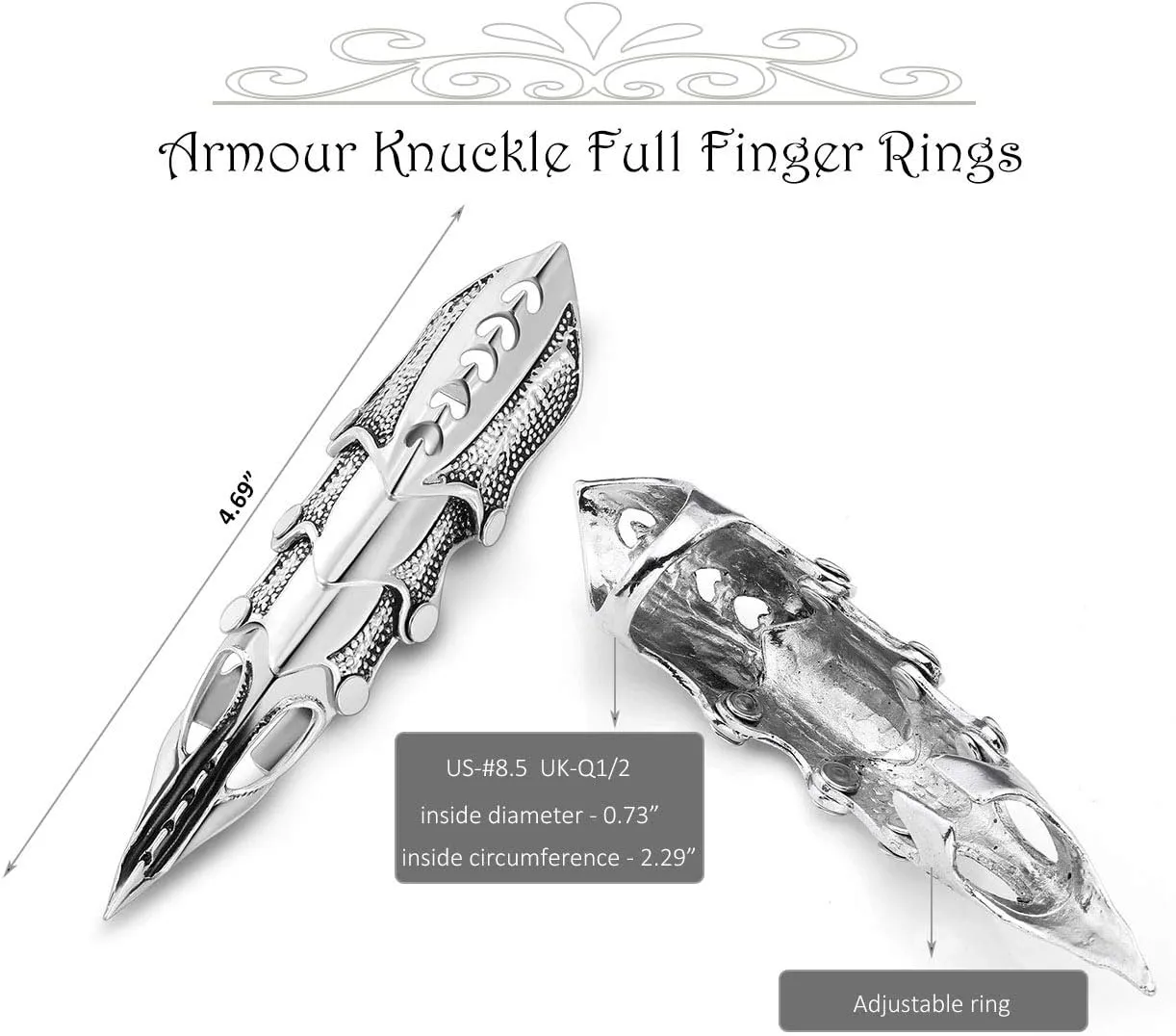 Jovivi Men's Jewelry Silvery Armour Knuckle Full Finger Double Loop Activity Ring Punk Rock Gothic Cool,1-4pcs