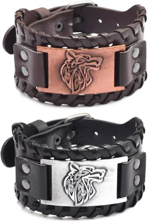 Juland Punk Braided Rope Alloy Bracelet Bangle Wristband PU Leather Bracelet Mens Leather Cuff Bracelet Wolf Head Wristbands Wide Cuff Leather Wrap Adjustable - 2PCS