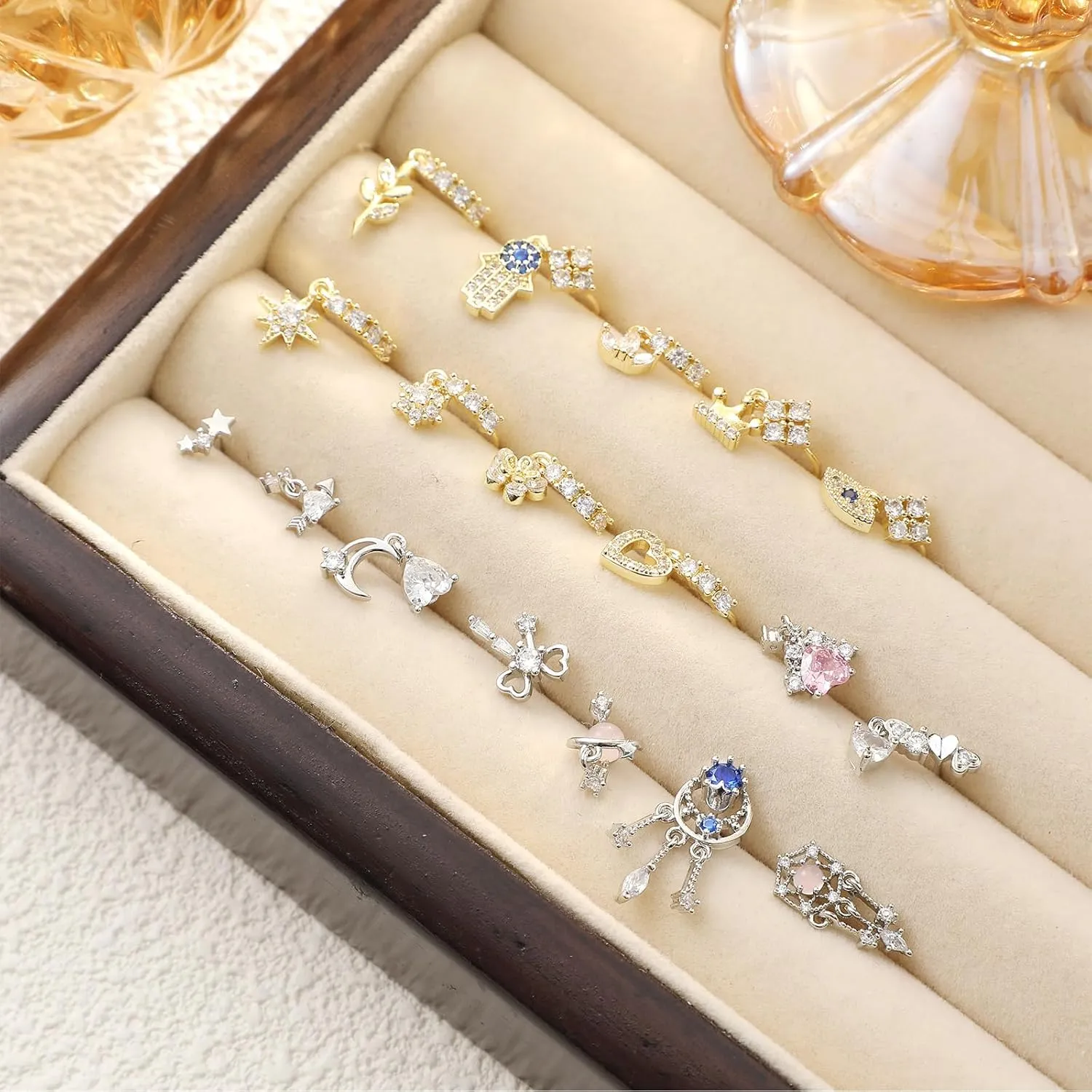 Junkin 18 Pcs 20g Dangle Nose Rings Studs Women L Shaped Dangling Stud Hoop Nose Piercing Jewelry Heart Star Rings
