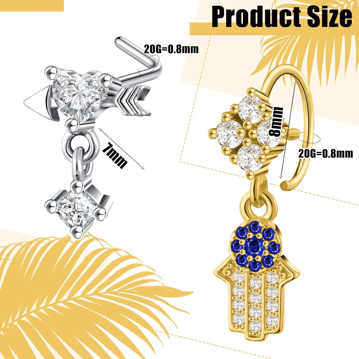 Junkin 18 Pcs 20g Dangle Nose Rings Studs Women L Shaped Dangling Stud Hoop Nose Piercing Jewelry Heart Star Rings