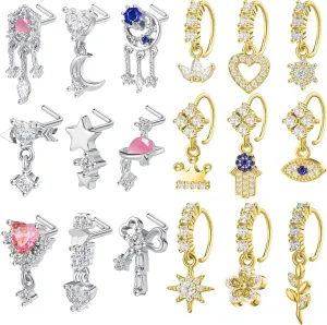 Junkin 18 Pcs 20g Dangle Nose Rings Studs Women L Shaped Dangling Stud Hoop Nose Piercing Jewelry Heart Star Rings