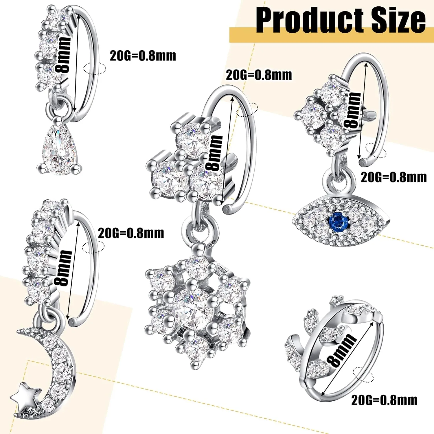 Junkin 20 Pcs Dangle Nose Rings for Women, 20g Gold/silver Dangly Nose Ring Hoop Dangling Piercing Jewelry for Women