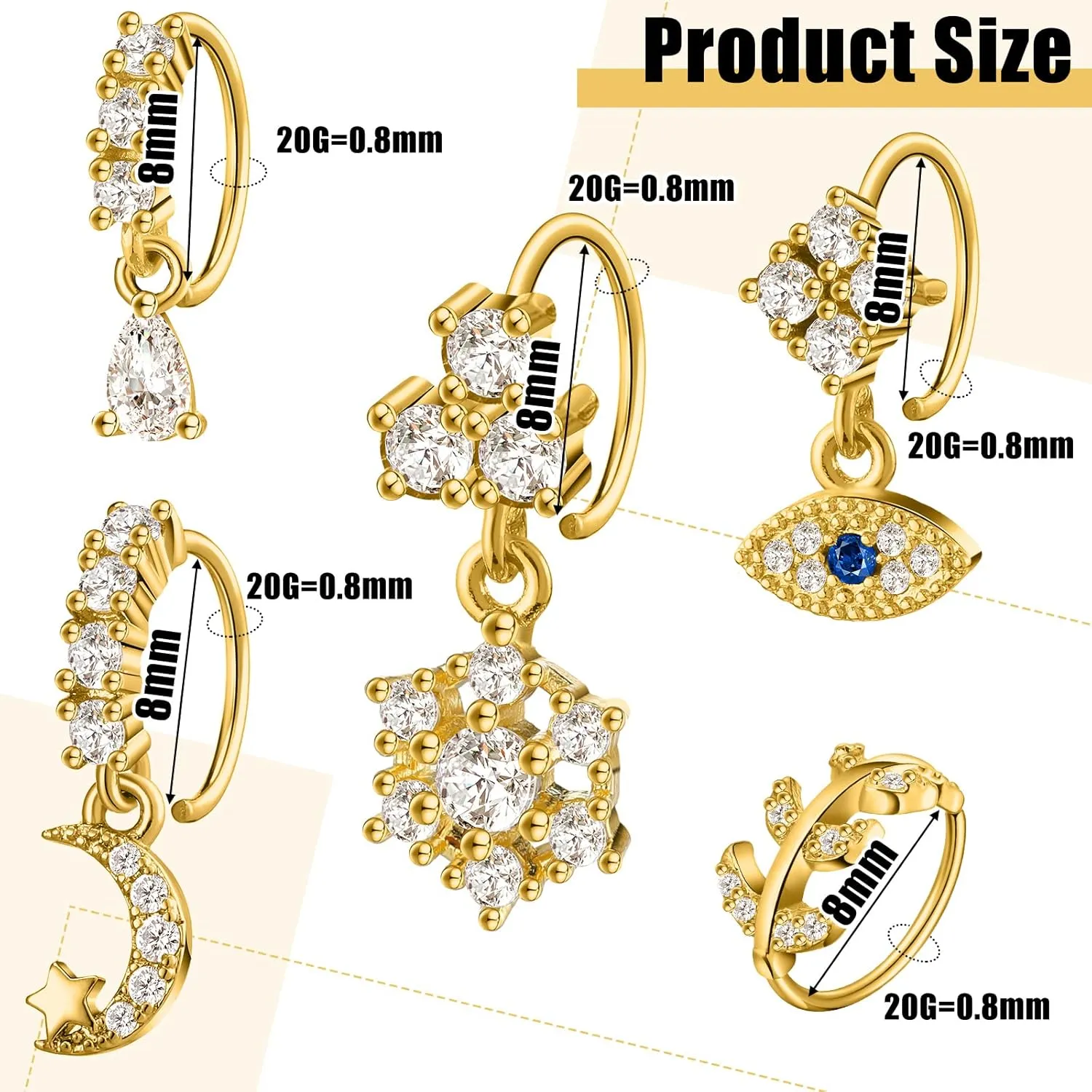 Junkin 20 Pcs Dangle Nose Rings for Women, 20g Gold/silver Dangly Nose Ring Hoop Dangling Piercing Jewelry for Women