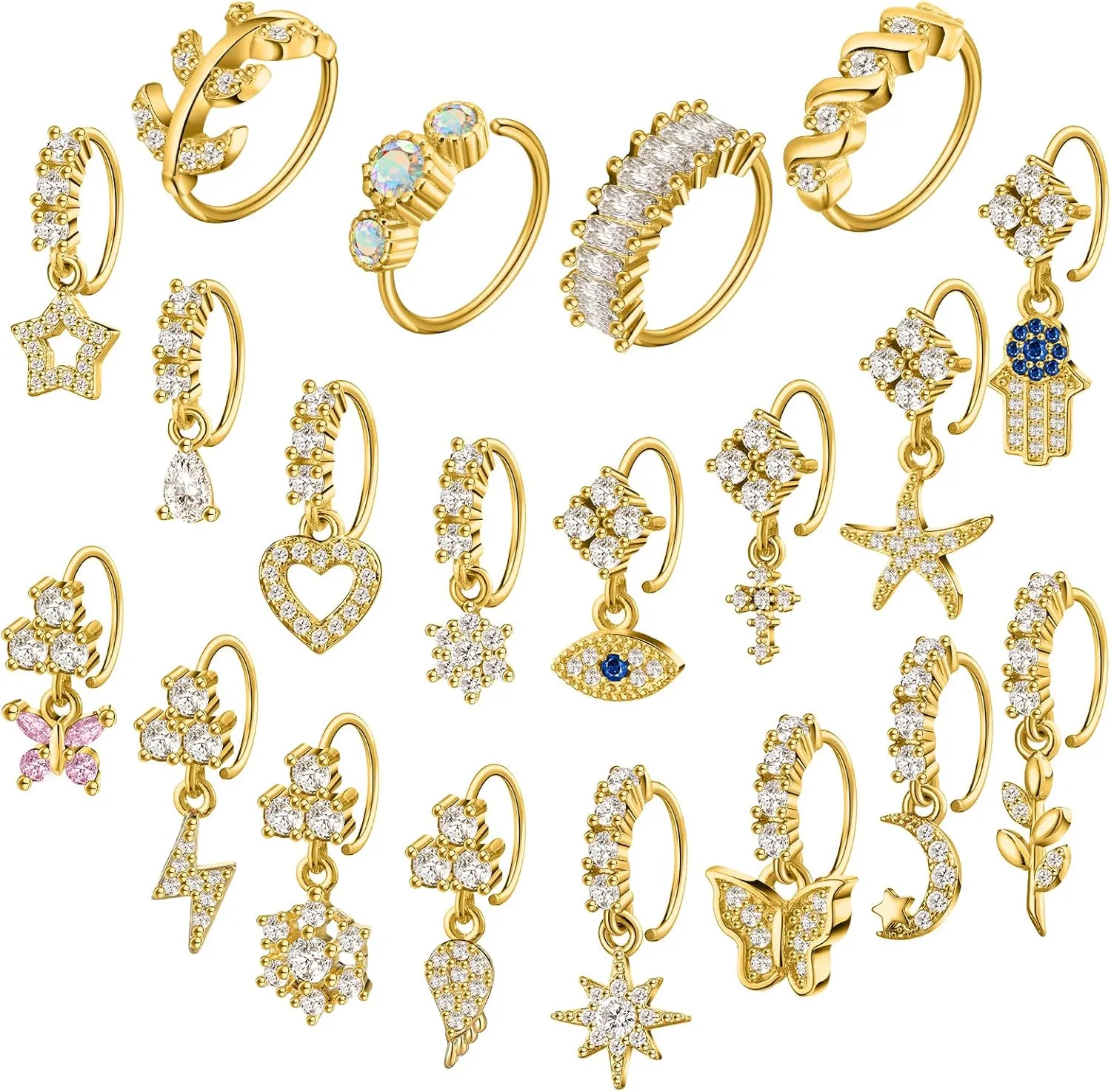 Junkin 20 Pcs Dangle Nose Rings for Women, 20g Gold/silver Dangly Nose Ring Hoop Dangling Piercing Jewelry for Women