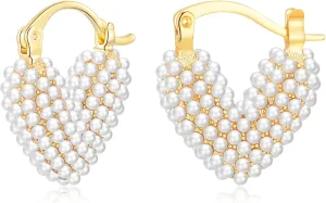 KesaPlan Pearl Hoop Earrings for Women 14K Gold Plated Hypoallergenic Pearl Earrings Lightweight Small Hoop Earrings for Wedding Brides