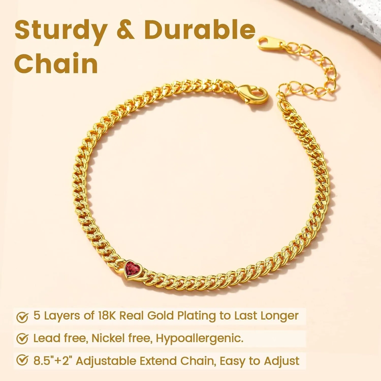 KeyStyle GoldChic Gold Round Heart Ankle Bracelet with Birthstone For Women, 12 Months Sparkling Crystal Anklet Anniversary Jewelry for Her, Birthday Chains for Mother