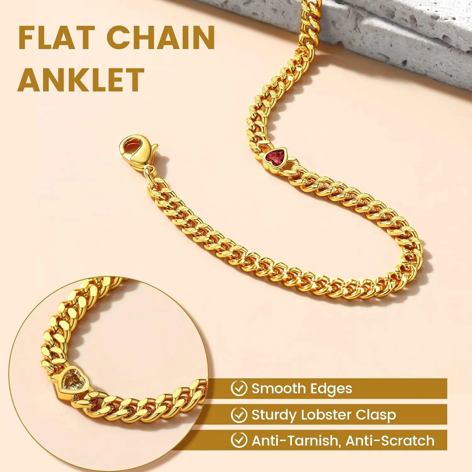 KeyStyle GoldChic Gold Round Heart Ankle Bracelet with Birthstone For Women, 12 Months Sparkling Crystal Anklet Anniversary Jewelry for Her, Birthday Chains for Mother