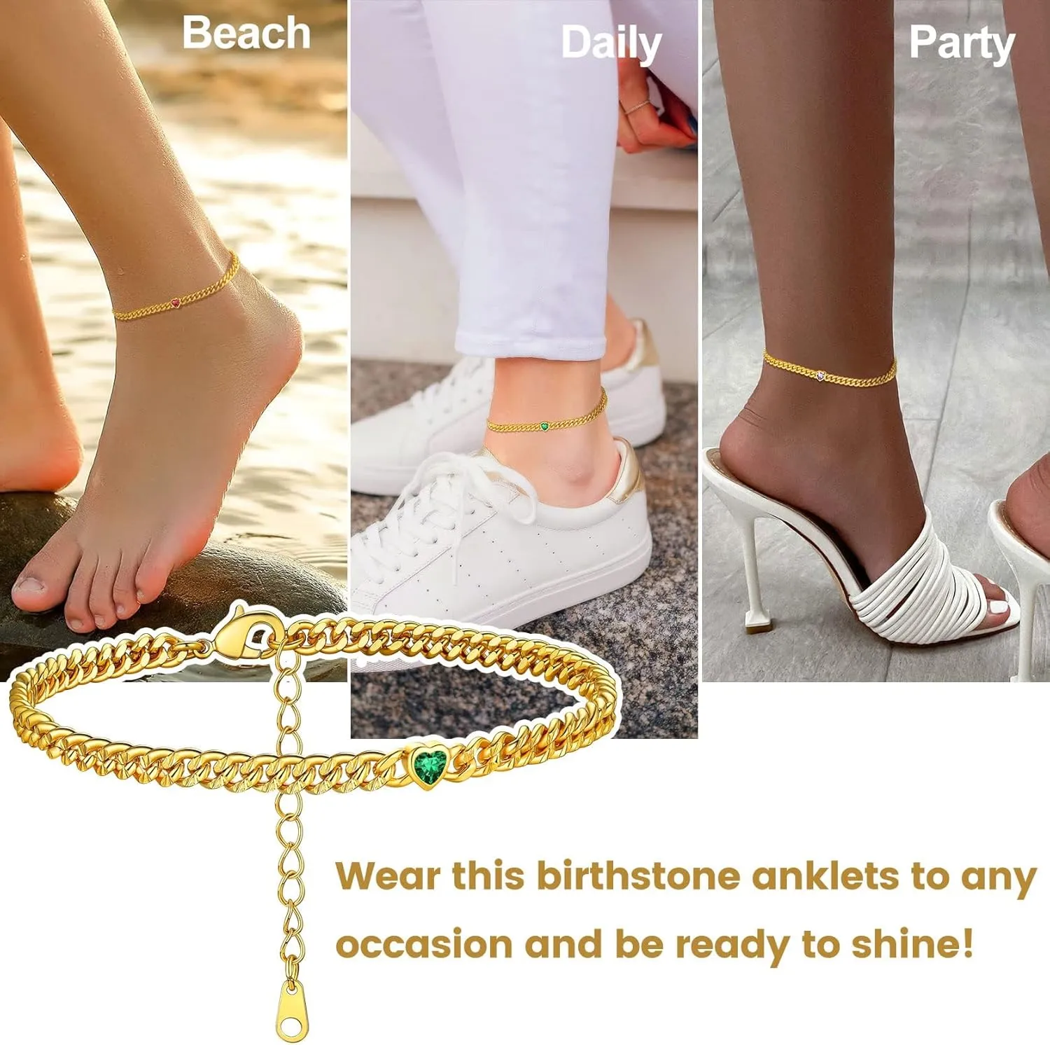 KeyStyle GoldChic Gold Round Heart Ankle Bracelet with Birthstone For Women, 12 Months Sparkling Crystal Anklet Anniversary Jewelry for Her, Birthday Chains for Mother