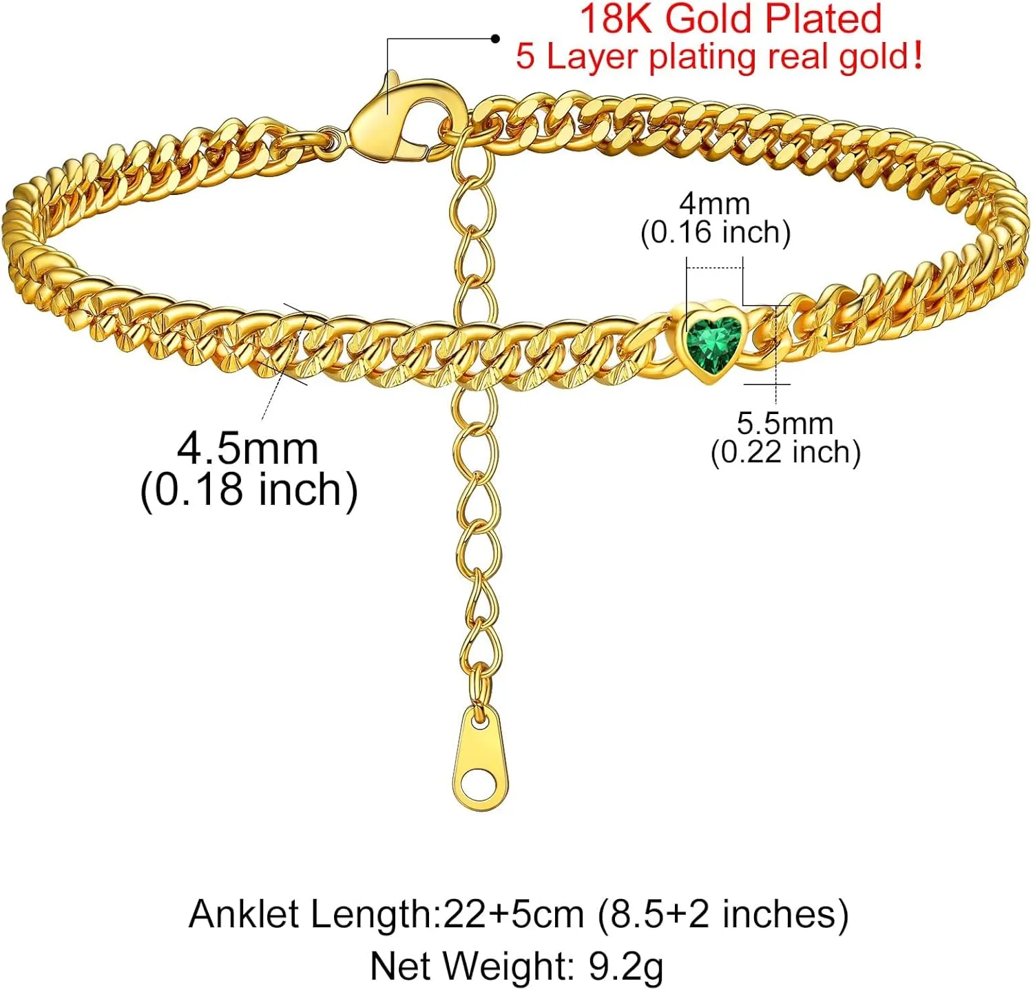 KeyStyle GoldChic Gold Round Heart Ankle Bracelet with Birthstone For Women, 12 Months Sparkling Crystal Anklet Anniversary Jewelry for Her, Birthday Chains for Mother