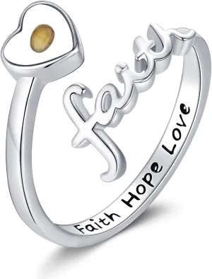 KiiKii Mustard Seed Ring 925 Sterling Silver Catholic Jesus Faith Hope Love Adjustable Rings Christian Jewelry Gifts for Women