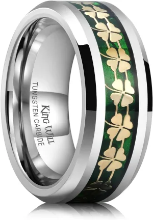 King Will 8mm Tungsten Clover Wedding Band for Men Gunmetal Ring Shell Plated Four Leaf Clover Inlay High Polish Beveled Edge Engagement Rings Comfort Fit Size 7-14