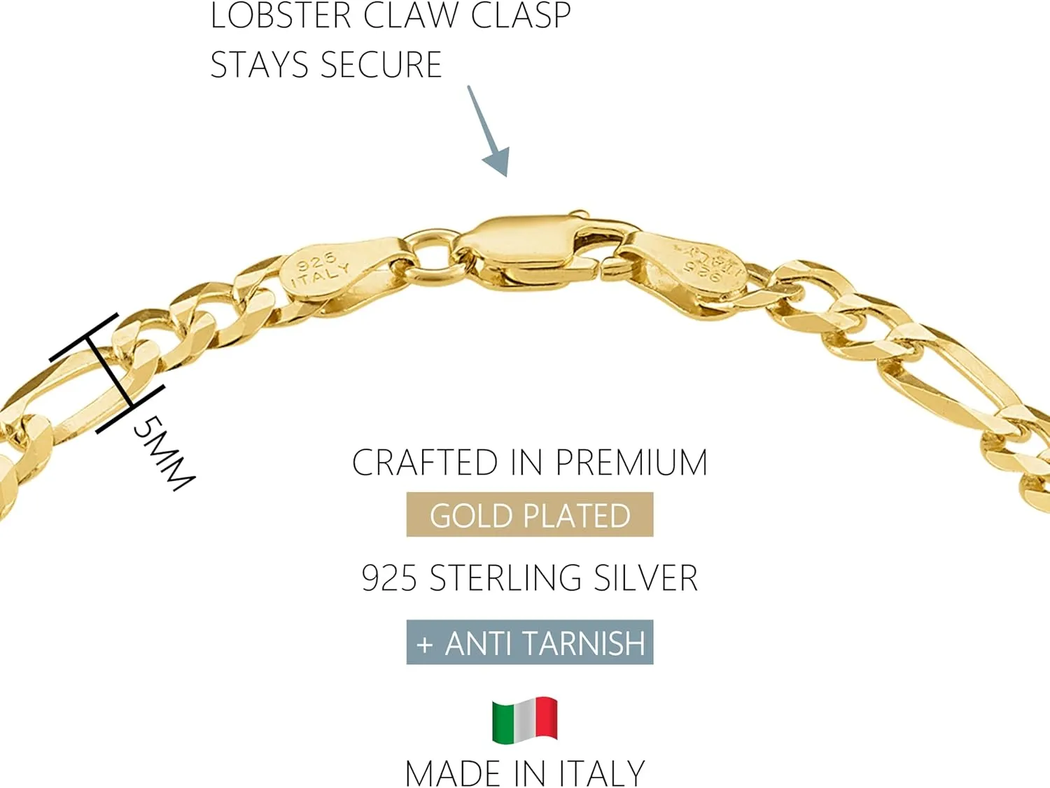 KISPER Mens Gold Bracelet 18K Gold Plated 925 Sterling Silver - 5mm Cuban Link Curb Chain & Figaro Link Bracelets for Men - Sizes 6.5,7,8,9 Inch