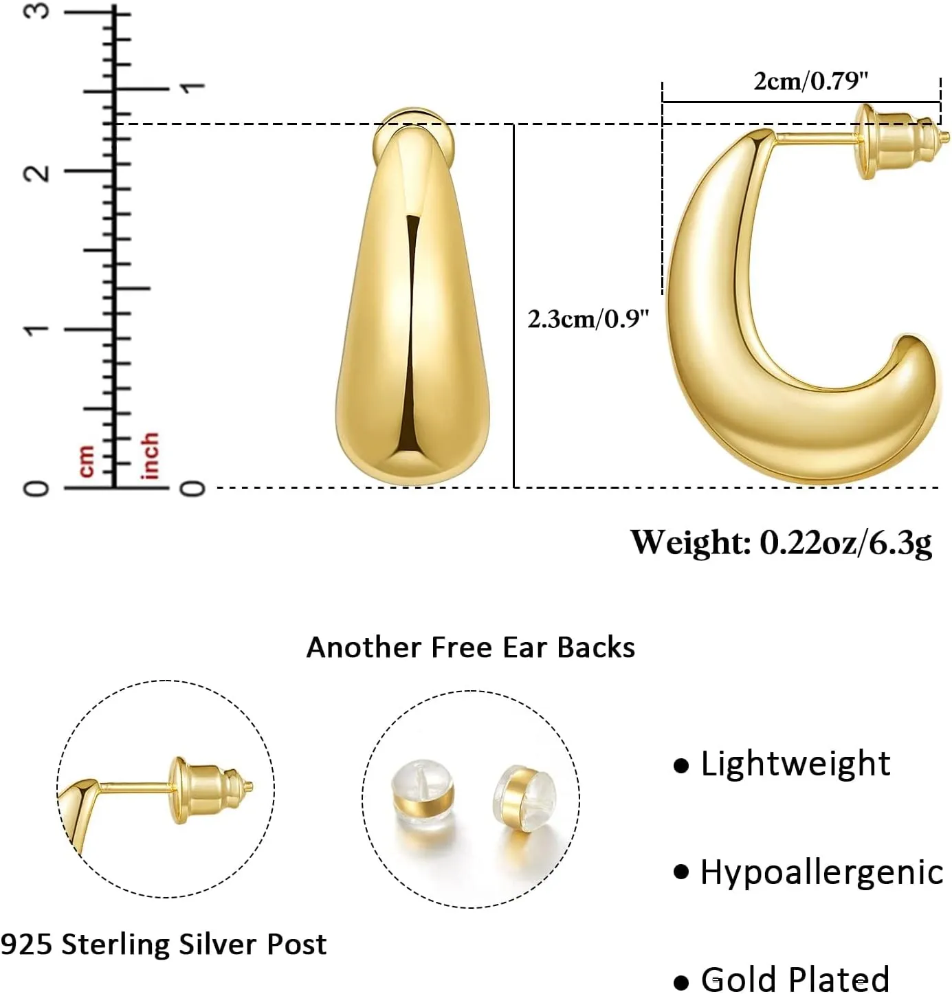 KissYan Chunky Gold Hoop Earrings for Women, 14K Gold Plated Lightweight Hollow Open Hoops Thick Teardrop Earrings Sterling Silver Post Fashion Jewelry Gifts