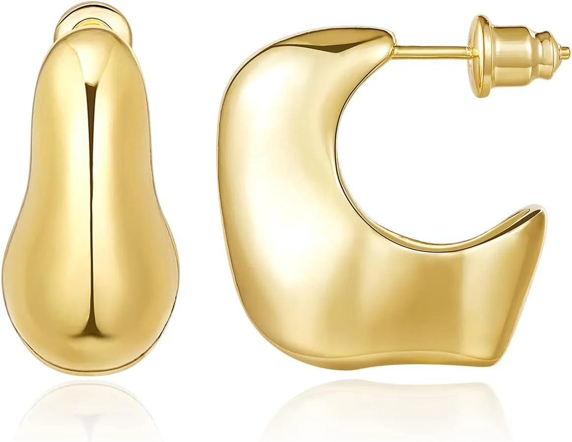 KissYan Chunky Gold Hoop Earrings for Women, 14K Gold Plated Lightweight Hollow Open Hoops Thick Teardrop Earrings Sterling Silver Post Fashion Jewelry Gifts