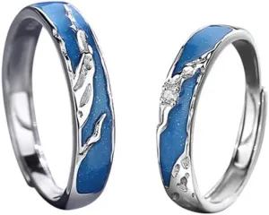Kokoma Galaxy Cubic Zirconia Matching Rings for Him and Her 925 Sterling Silver Blue Starry Night Promise Couples Wedding Rings Statement Ring Set Adjustable