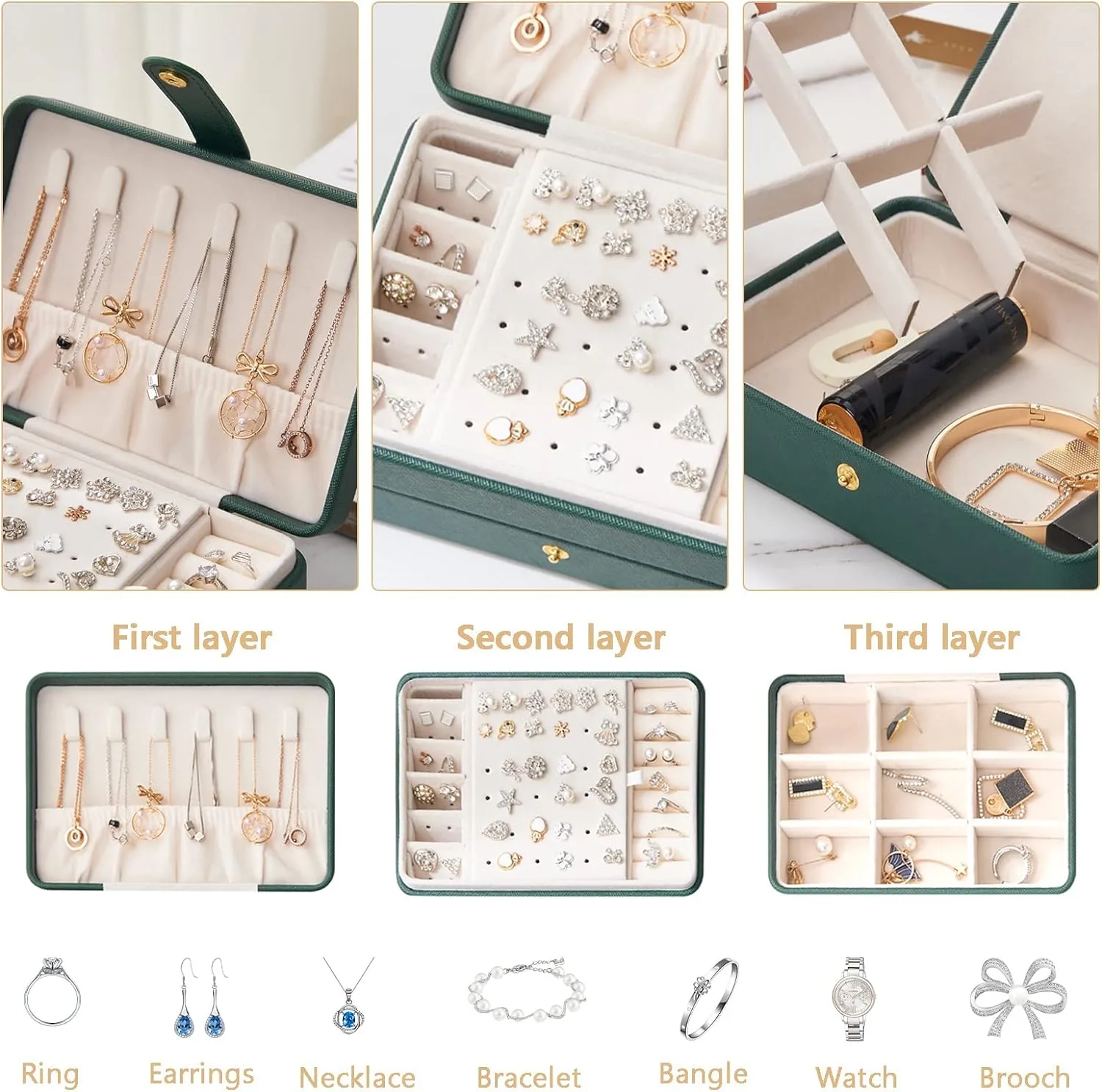 KOOAAICCHI Small Jewelry Box, Travel Jewelry Organizer, Portable Jewelry boxes for Women Girls Gift, Double Layers PU Leather Jewelry Holder for Rings, Earrings, Necklaces-Green