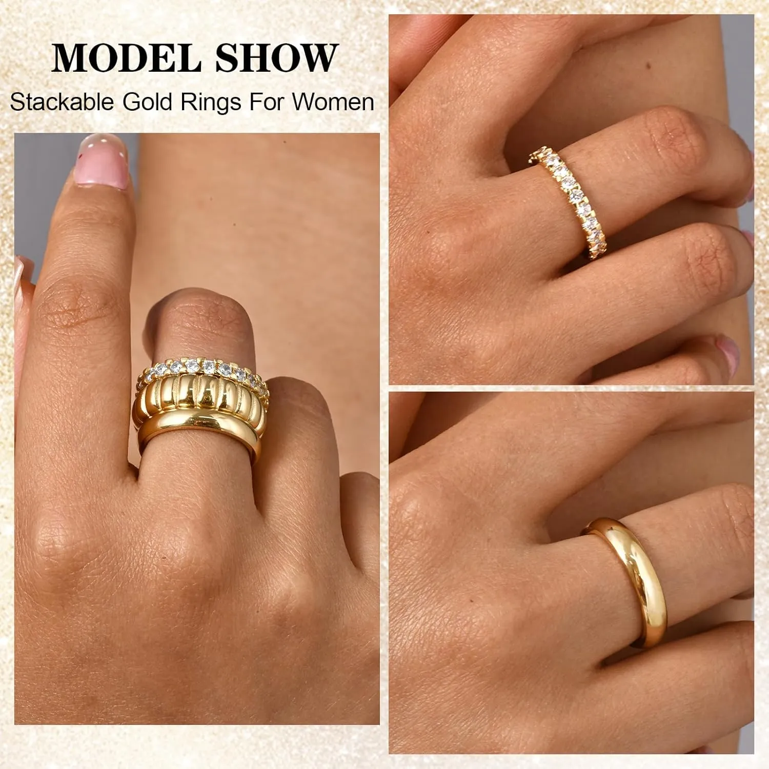 KSF Gold Rings for Women Non Tarnish - 14K Gold Plated Stackable Cubic Zirconia Rings Set for Women Trendy Statement Band Promise Engagement Stack Rings Size 6 7 8 9