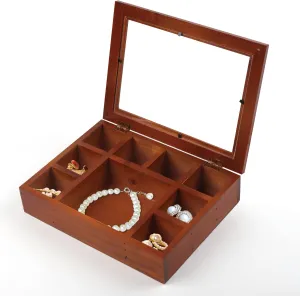 Lainrrew 9 Grid Wooden Jewelry Box, Vintage Display Case Jewelry Display Showcase Tray Earrings Rings Necklaces Bracelet Organizer Holder Jewelry Storage Box Case for Girls Women Mom Wife (9 Grid)
