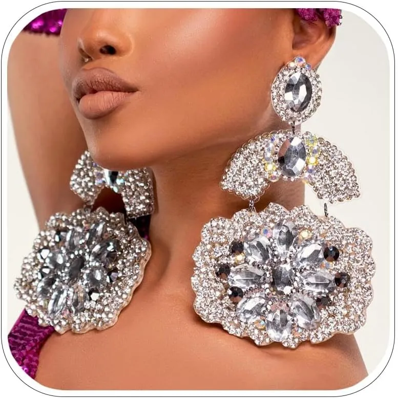 Large Rhinestone Flower Dangle Earrings for Women Silver Oversize Prom Statement Earrings Crystal Jewelry