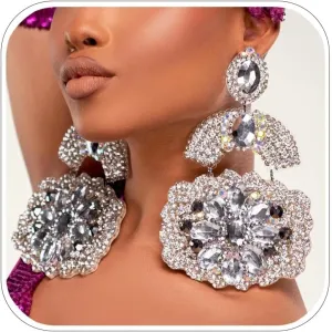 Large Rhinestone Flower Dangle Earrings for Women Silver Oversize Prom Statement Earrings Crystal Jewelry