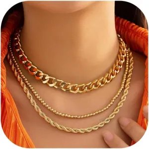 Layered Gold Necklace for Women Classic Gold Plated Chain Stackable Trendy Cuban Link Paperclip Chains Sets for Beach Daily Wear