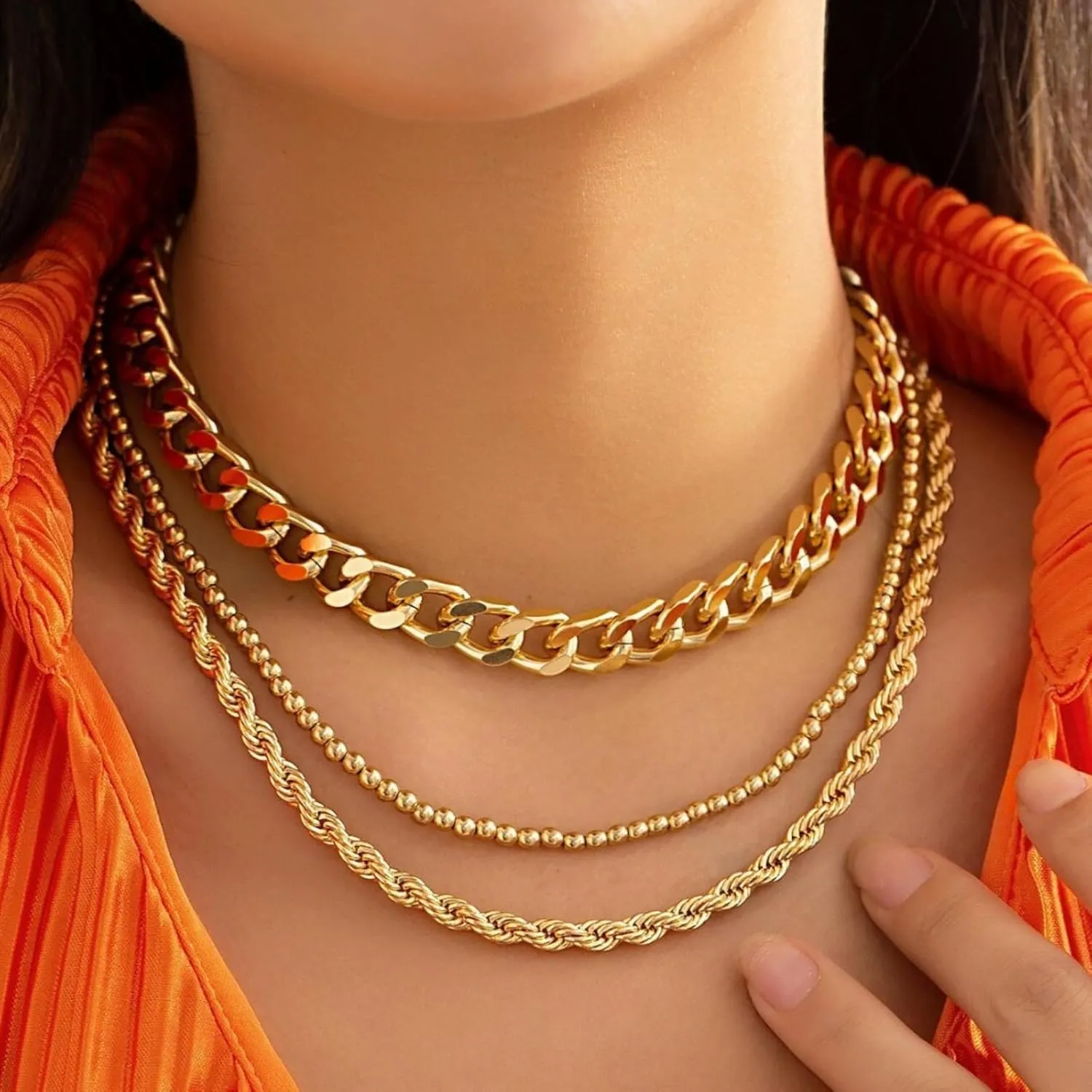 Layered Gold Necklace for Women Classic Gold Plated Chain Stackable Trendy Cuban Link Paperclip Chains Sets for Beach Daily Wear
