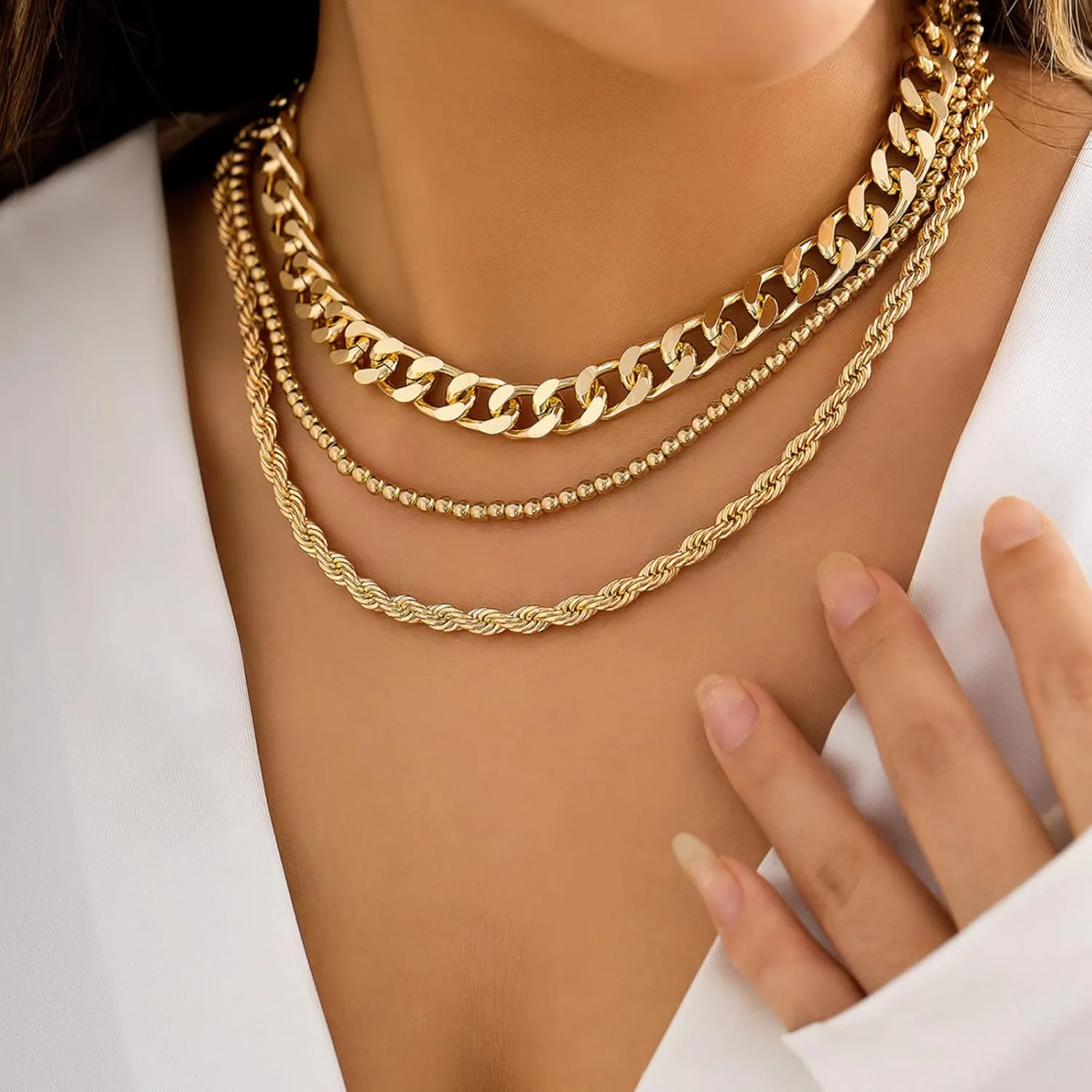 Layered Gold Necklace for Women Classic Gold Plated Chain Stackable Trendy Cuban Link Paperclip Chains Sets for Beach Daily Wear