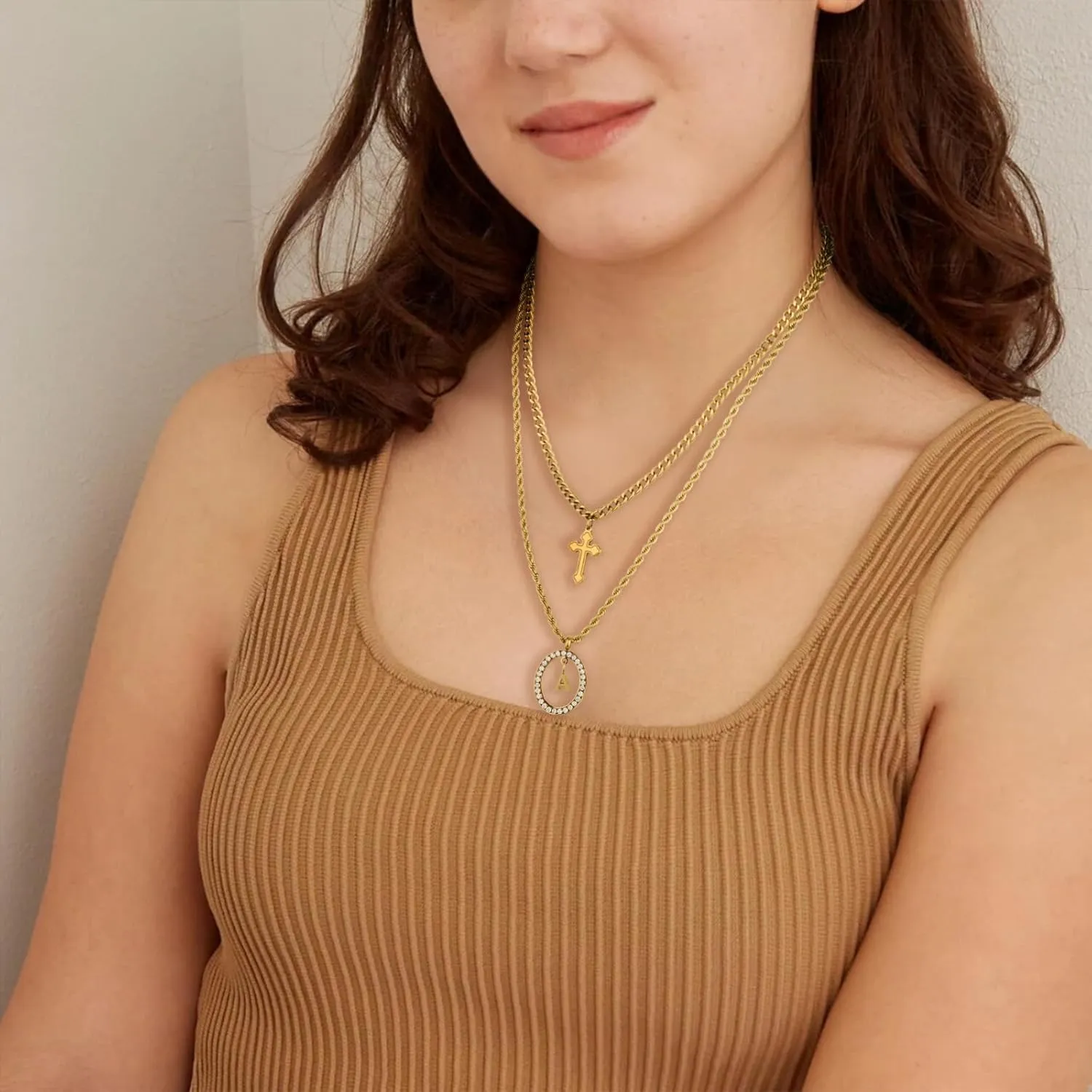 Layered Gold Necklace for Women - Elegant Adjustable Initial Pendant Cuban Link Cross Rope Chain Set, 18K Gold Plated Stainless Steel Stackable Trendy Unisex Jewelry Gift