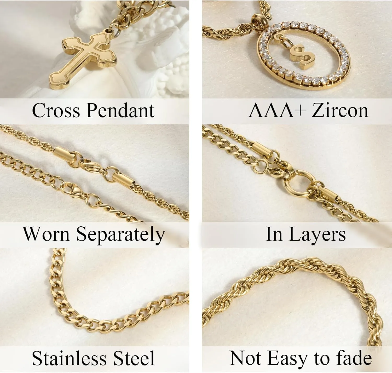 Layered Gold Necklace for Women - Elegant Adjustable Initial Pendant Cuban Link Cross Rope Chain Set, 18K Gold Plated Stainless Steel Stackable Trendy Unisex Jewelry Gift