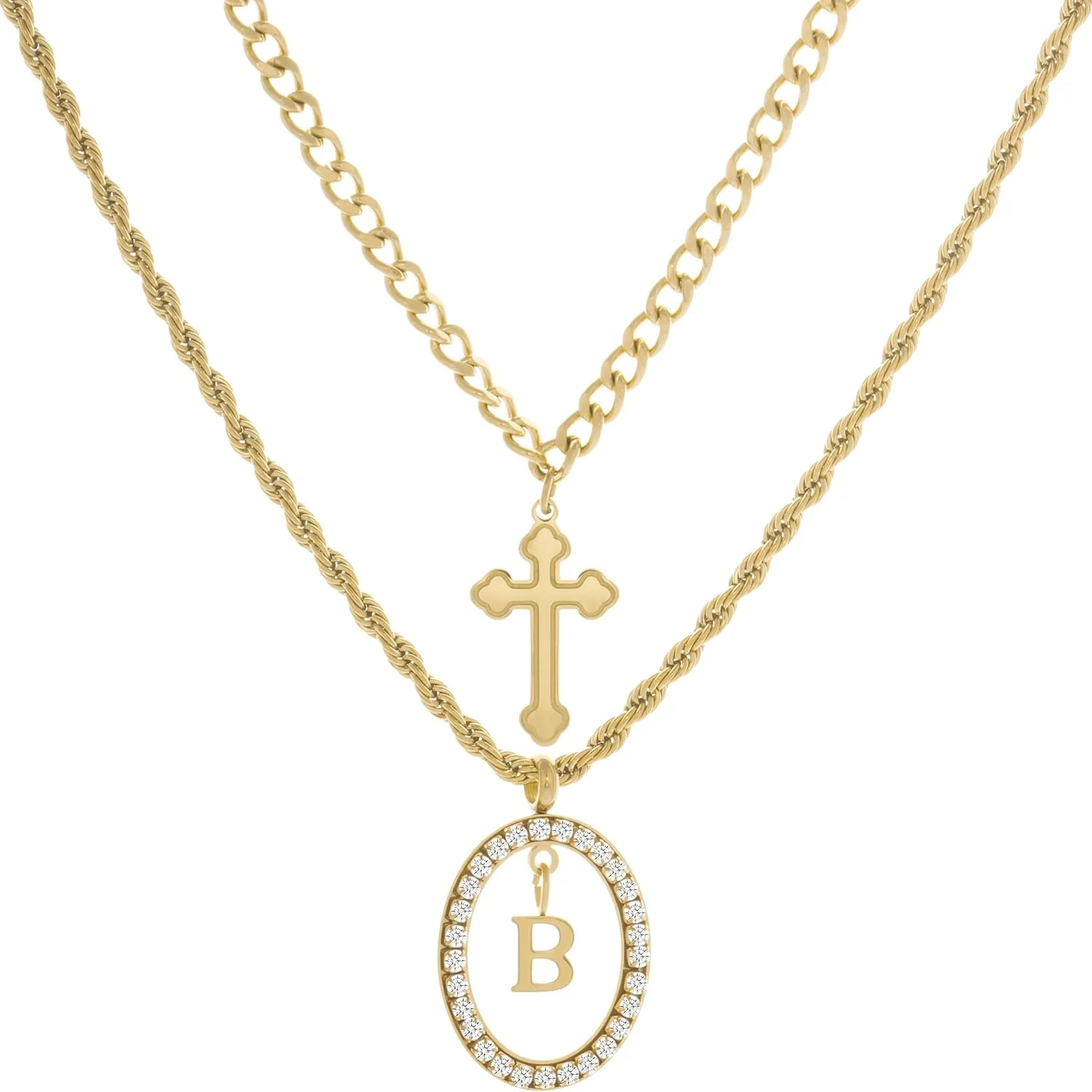 Layered Gold Necklace for Women - Elegant Adjustable Initial Pendant Cuban Link Cross Rope Chain Set, 18K Gold Plated Stainless Steel Stackable Trendy Unisex Jewelry Gift