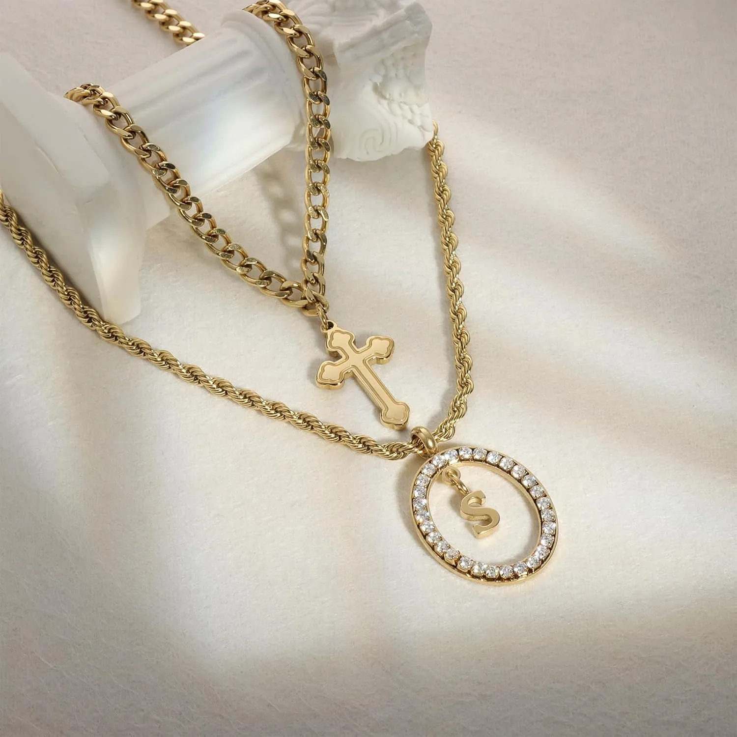 Layered Gold Necklace for Women - Elegant Adjustable Initial Pendant Cuban Link Cross Rope Chain Set, 18K Gold Plated Stainless Steel Stackable Trendy Unisex Jewelry Gift