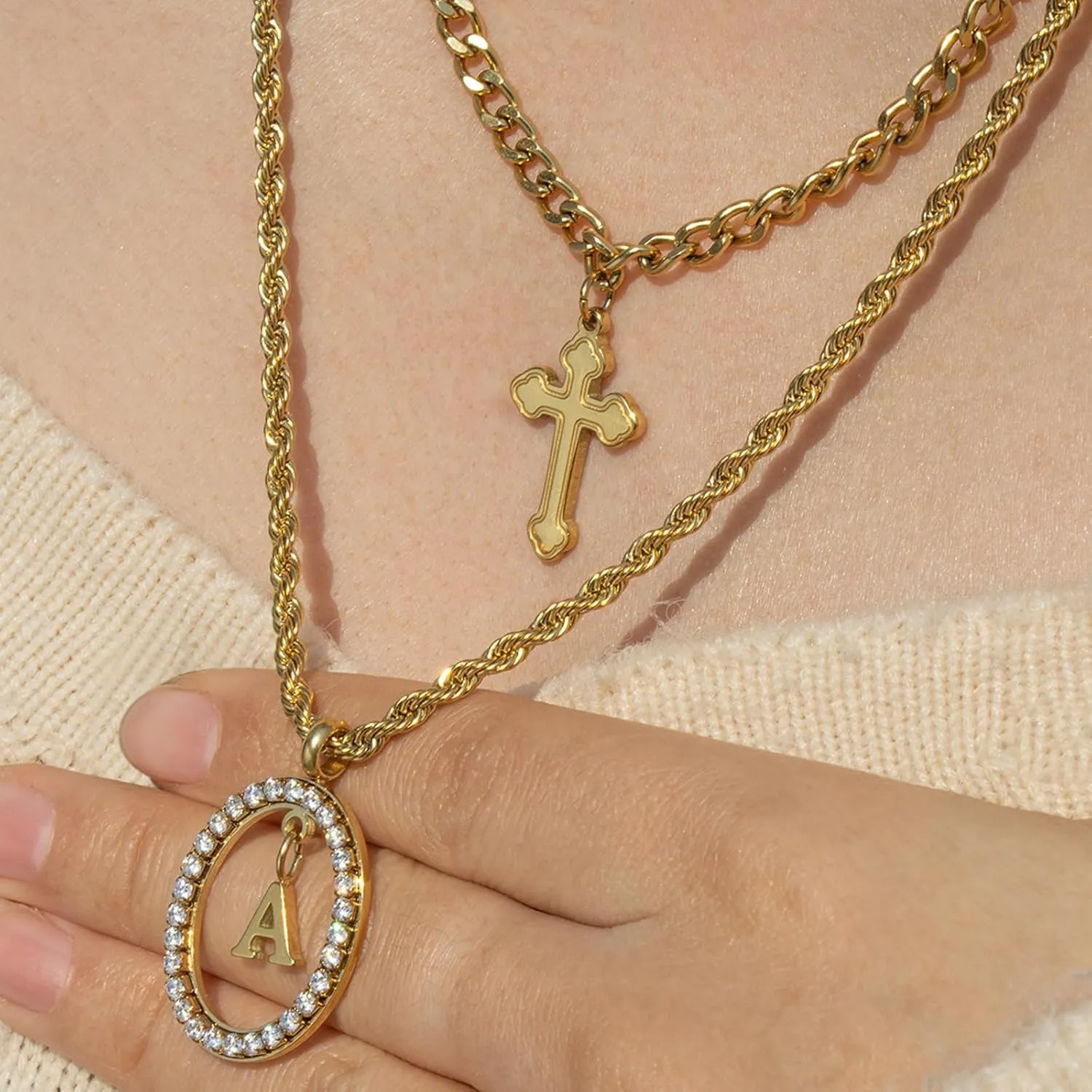 Layered Gold Necklace for Women - Elegant Adjustable Initial Pendant Cuban Link Cross Rope Chain Set, 18K Gold Plated Stainless Steel Stackable Trendy Unisex Jewelry Gift