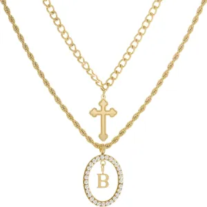 Layered Gold Necklace for Women - Elegant Adjustable Initial Pendant Cuban Link Cross Rope Chain Set, 18K Gold Plated Stainless Steel Stackable Trendy Unisex Jewelry Gift