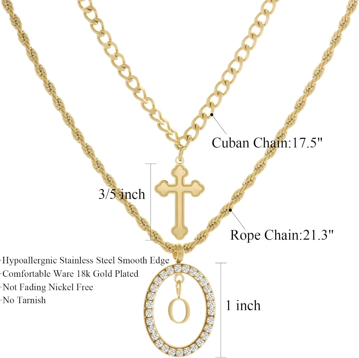 Layered Gold Necklace for Women - Elegant Adjustable Initial Pendant Cuban Link Cross Rope Chain Set, 18K Gold Plated Stainless Steel Stackable Trendy Unisex Jewelry Gift