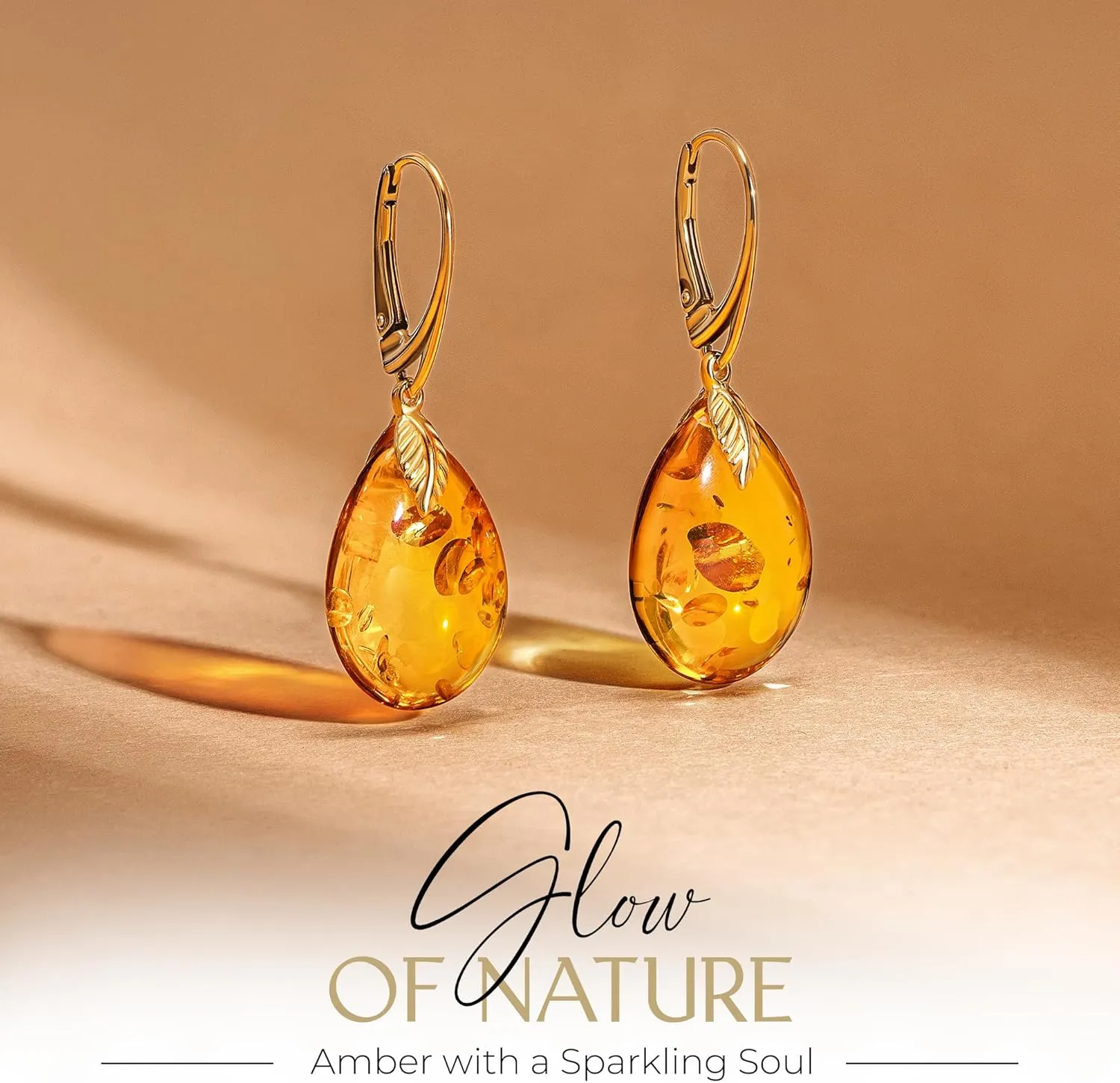 Leverback Amber Earrings for Women - Gold Plated Silver Closure 925, Sparkling Polished Drop Amber, Lightweight Natural Semi Precious Stone, Dainty Jewelry for Ladies