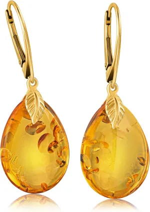 Leverback Amber Earrings for Women - Gold Plated Silver Closure 925, Sparkling Polished Drop Amber, Lightweight Natural Semi Precious Stone, Dainty Jewelry for Ladies
