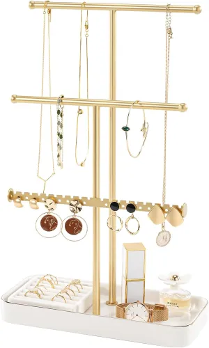 Lolalet Jewelry Necklace Holder with Ceramic Base, 14.2" Gold Jewelry Display Stand with Velvet Ring Tray Jewellery Organizer for Necklaces Bracelets Earrings