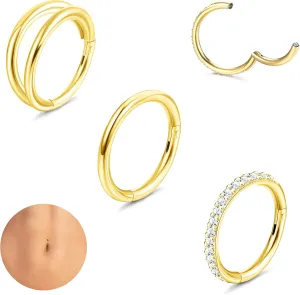 LOLIAS Belly Button Rings, Surgical Steel Hoop Navel Rings, Gold Silver Tone, CZ, 3Pcs